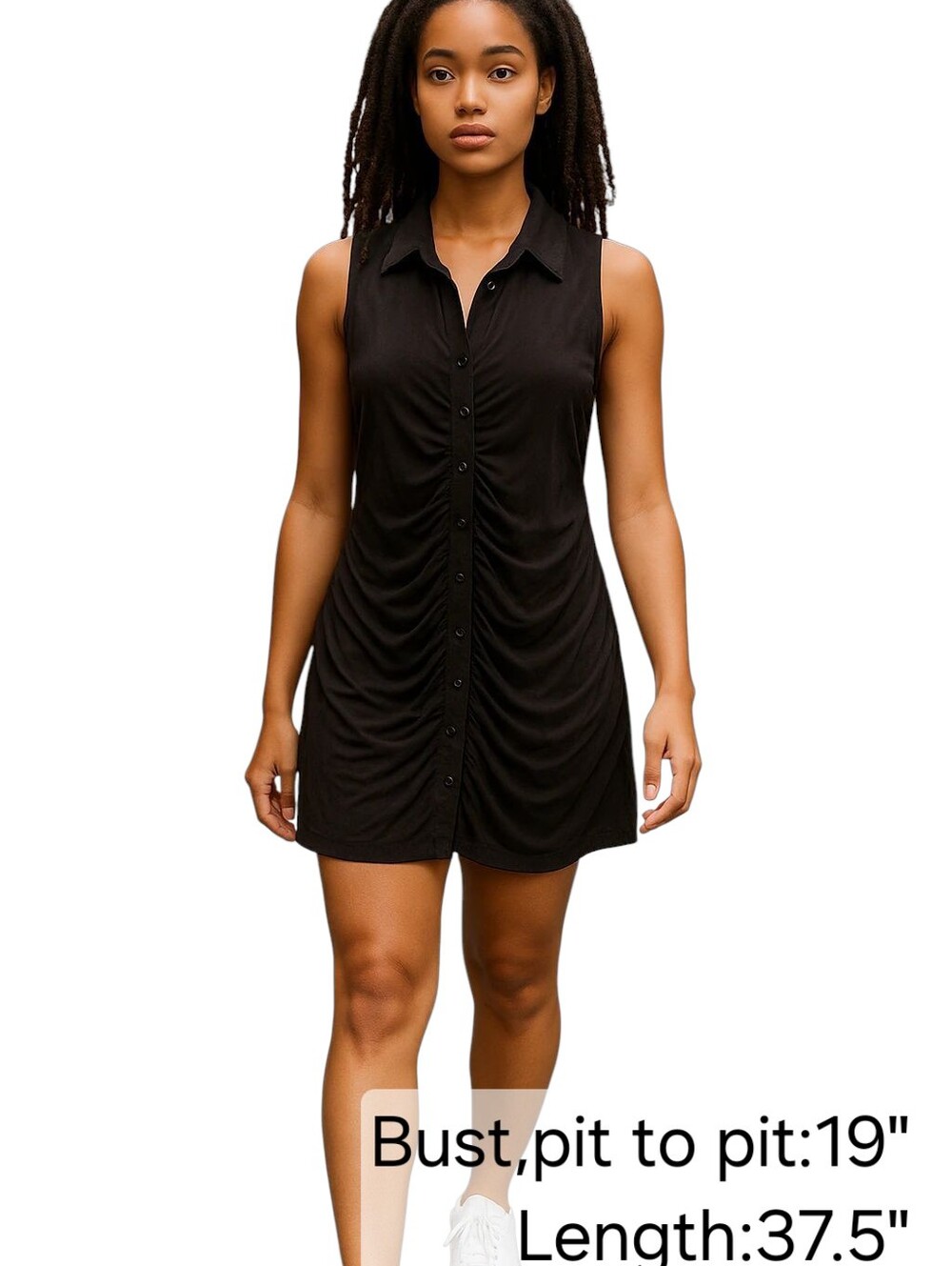 Just Polly Black Slinky Dress Women L Collared Ruched Button Up Sleeveless